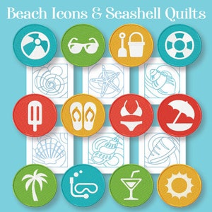 May include: A set of 15 colorful, round, embroidered patches with beach-themed icons. The icons include a beach ball, sunglasses, a bucket and shovel, a life preserver, a popsicle, flip flops, a bikini, an umbrella, a seashell, a starfish, a conch shell, a loaf of bread, a palm tree, a snorkel and mask, and a cocktail glass. The patches are perfect for adding a touch of summer to your projects.