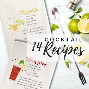May include: A set of two white ceramic coasters with embroidered cocktail recipes. The coasters feature illustrations of a margarita and a bloody mary. The text on the coasters reads "Margarita" and "Bloody Mary" with the ingredients listed below. The coasters are surrounded by limes, mint leaves, ice cubes, a cocktail shaker, a spoon, and a fork. The text "COCKTAIL 14 Recipes" is written in black cursive.