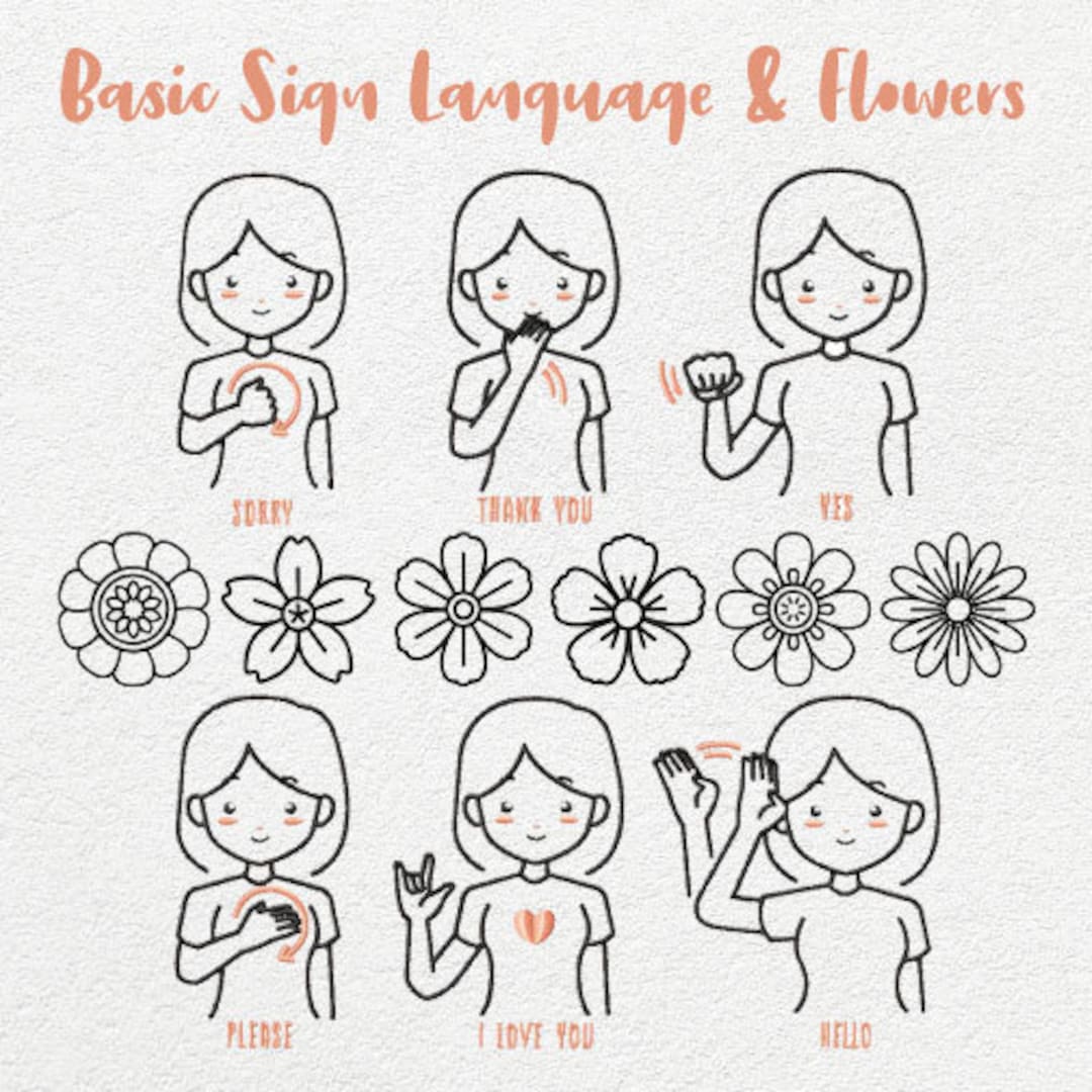 12 Basic Sign Language and Flowers Stitched Embroidery Design Pack