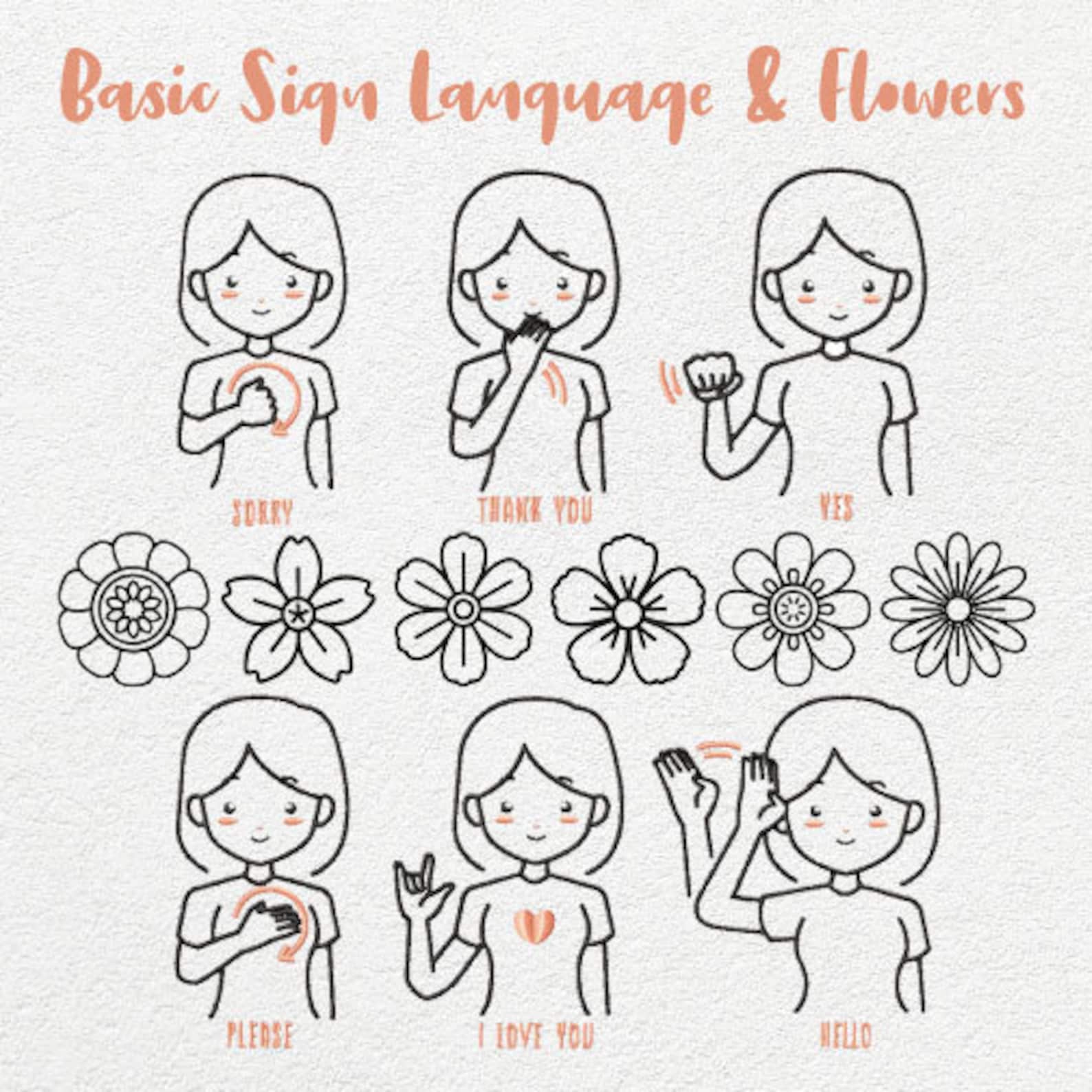 12 Basic Sign Language and Flowers Stitched Embroidery Design Etsy