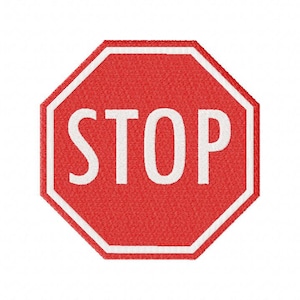 May include: A red octagonal stop sign with a white border and the word "STOP" in white letters.