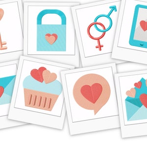 Diseños de bordado de iconos de San Valentín, 6 incluidos, bordado a máquina, Brother PES DST y todos los formatos populares, descarga instantánea