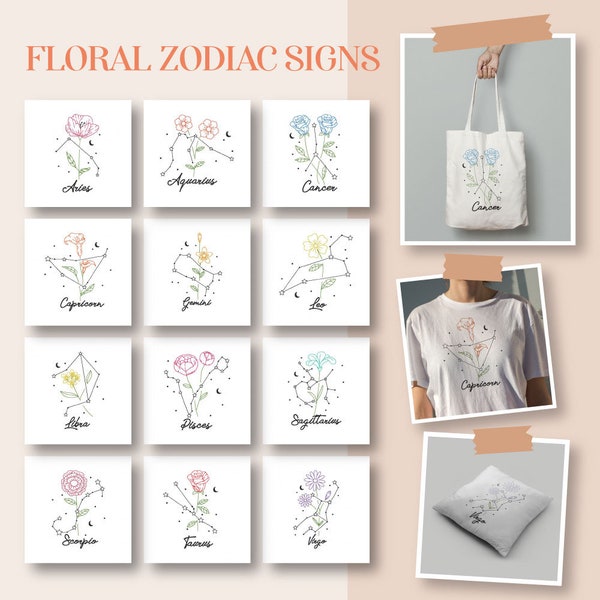 Floral Zodiac Signs Embroidery Designs, 12 Included, Machine Embroidery, Brother PES JEF & All Popular Formats, Instant Download