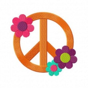 以下が含まれることがあります： オレンジ色の平和のシンボルに、ピンク、紫、ターコイズ色の3つのカラフルな花が添えられています。花の中心は黄色とピンクです。平和のシンボルは、平和と愛の象徴です。