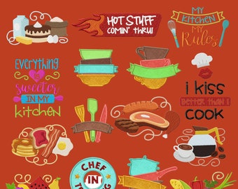 Kitchen & Cooking Elements Stitched Embroidery Designs, 15 Designs, Machine Embroidery, PES HUS and All Popular Formats, Instant Download