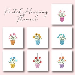 May include: Six printable illustrations of pastel colored hanging flowers in macrame planters. The flowers are yellow, blue, pink, orange, red, and light blue.