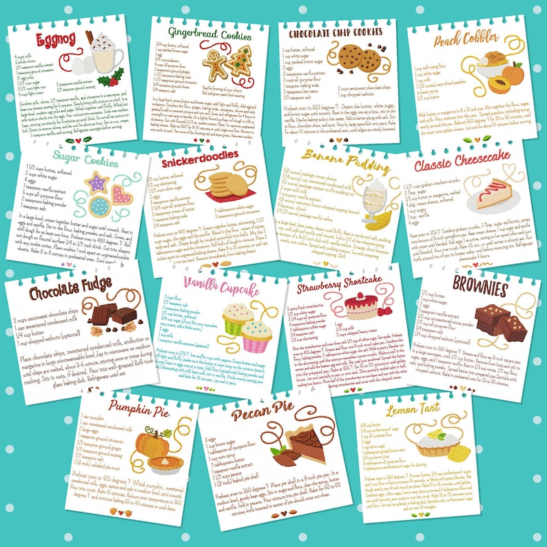 May include: A collection of 16 recipe cards with illustrations of various desserts, including eggnog, gingerbread cookies, chocolate chip cookies, peach cobbler, sugar cookies, snickerdoodles, banana pudding, classic cheesecake, chocolate fudge, vanilla cupcake, strawberry shortcake, brownies, pumpkin pie, pecan pie, and lemon tart.