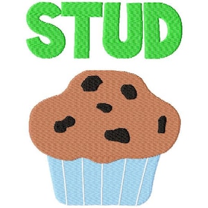 May include: Green text that reads "STUD" above a brown chocolate chip muffin with blue icing.