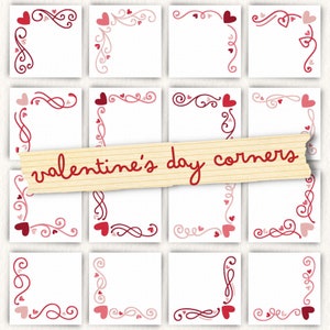 May include: Twelve different corner designs featuring red and pink hearts and swirls. These designs are perfect for adding a touch of Valentine's Day cheer to your crafts and projects.