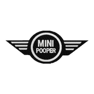 May include: A black and white logo with wings and a circle in the center. The circle says "MINI POOPER" in white text.