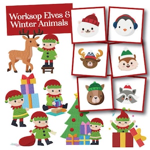 May include: A set of 10 embroidery designs featuring elves and winter animals. The designs include a reindeer, penguin, bear, raccoon, squirrel, and elves holding gifts and a bag. The designs are perfect for creating festive holiday crafts.