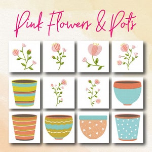 Pode incluir: Nove ilustrações de flores cor-de-rosa em vasos. As flores são todas de diferentes tons de rosa e têm diferentes números de pétalas. Os vasos são todos de diferentes cores e padrões. O título "Pink Flowers & Pots" está no topo da imagem.
