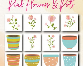 Pink Flowers and Pots Embroidery Designs, 12 Included, Machine Embroidery, Brother PES DST & All Popular Formats, Instant Download