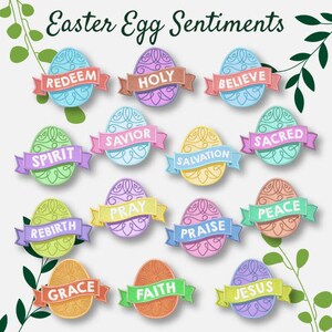 May include: A set of 12 Easter egg-shaped designs with various Christian-themed words, such as "Redeem", "Holy", "Believe", "Spirit", "Savior", "Salvation", "Sacred", "Rebirth", "Pray", "Praise", "Peace", "Grace", "Faith", and "Jesus".