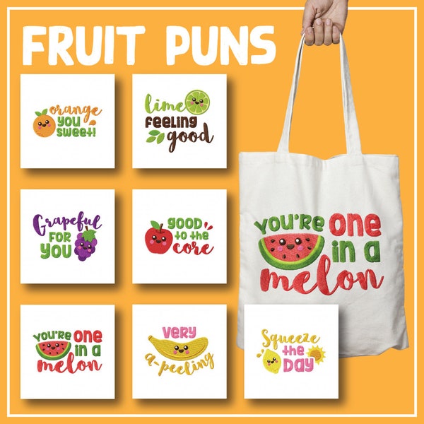 Fruit Puns Embroidery Designs, 7 Included, Machine Embroidery, Brother PES, DST & All Popular Formats Instant Download