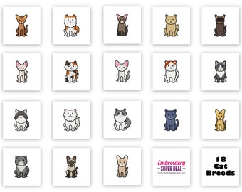 Cat Breeds Embroidery Designs, 18 Included, Machine Embroidery, Brother PES DST & All Popular Formats, Instant Download