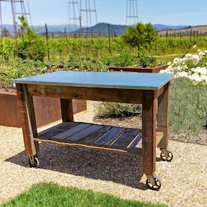 Outdoor Redwood Potting Table With Shelving Storage and Wheels with Brakes, Patio Garden Work Bench and Kitchen Buffet Island Cart
