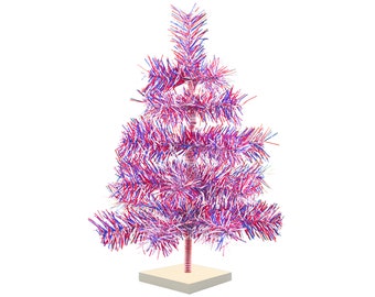 Red, White, and Blue Firework Tinsel Christmas Tree Multiple Sizes Stand Included Artificial Brush 4th of July Holiday Decorations