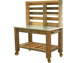 Handmade Redwood Potting Table: Zinc Top, Gold Wheels, Outdoor Garden Cart