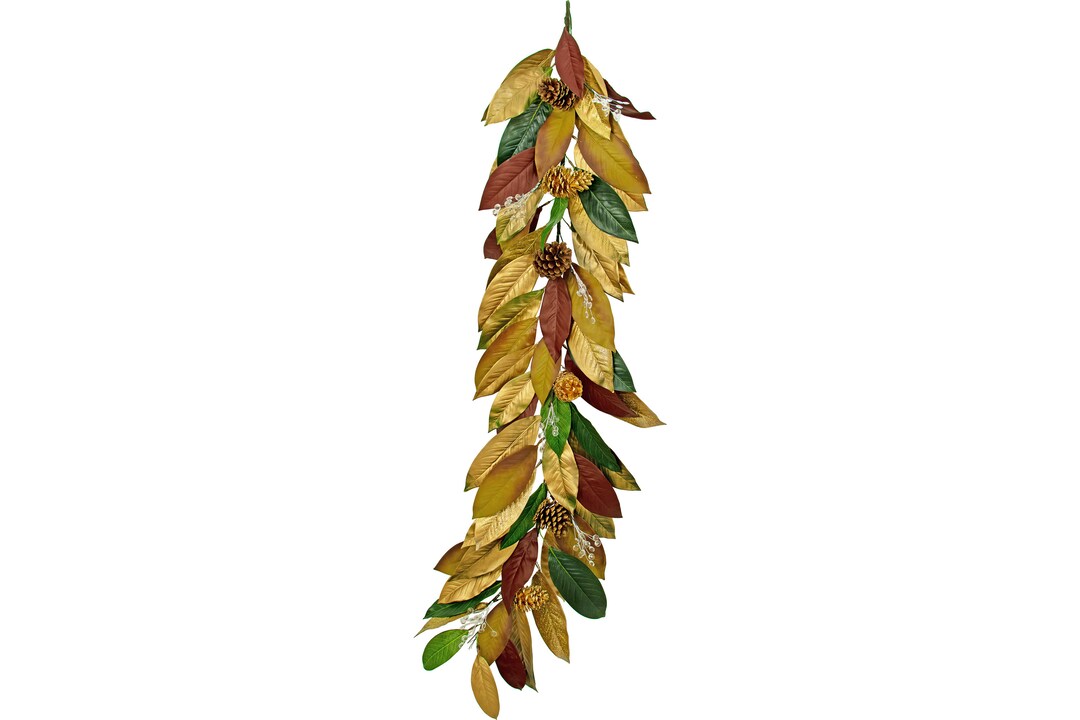 4FT Magnolia Garland W/ Glitter Highlights Pine Cones and Gold Dipped Leaves Christmas Garland