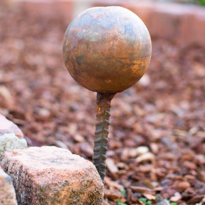Garden Hose Stake Guides Set of 4 with Spiked Rebar Stakes 3in Diameter Steel Gazing Balls Rusted Patina Finish image 5