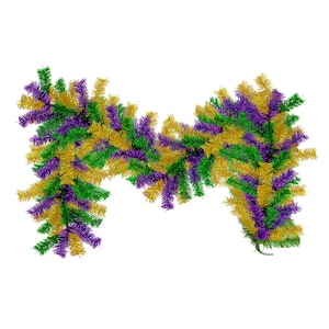 May include: A green, gold, and purple garland made of tinsel. The garland is perfect for Mardi Gras or other festive occasions.