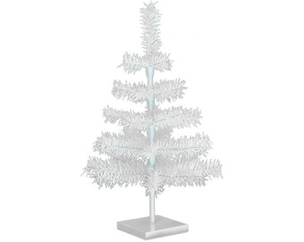 White Christmas Trees 2FT - 6FT Tall Artificial Tinsel Brush Branches Feather Retro Style Christmas Tree with Wooden Stand Included