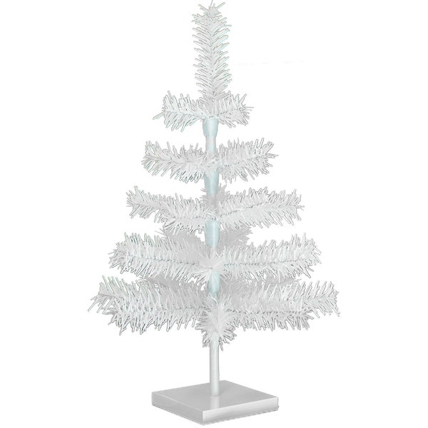 White Christmas Trees 2FT - 6FT Tall Artificial Tinsel Brush Branches Feather Retro Style Christmas Tree with Wooden Stand Included