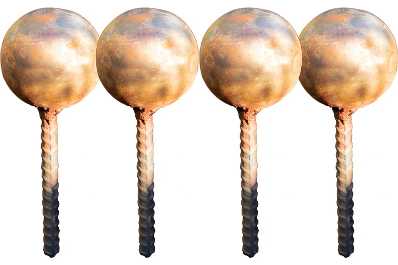 Garden Hose Stake Guides Set of 4 with Spiked Rebar Stakes 3in Diameter Steel Gazing Balls Rusted Patina Finish Rust Patina