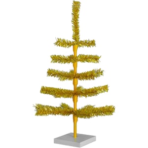 Könnte beinhalten: Ein goldener Lametta-Weihnachtsbaum mit einem weißen Sockel. Der Baum ist mit fünf Reihen goldener Lametta verziert.