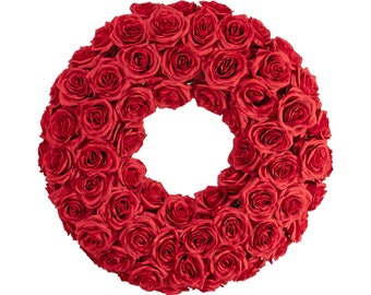 Red Rose Wreath, Artificial Rosebud Flowers, 22 Inch Diameter X 4 Inch Depth X 8 Inch Thick