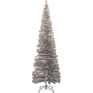 10FT Silver Tinsel Christmas Tree: Handmade Pencil Tree with Metal Base