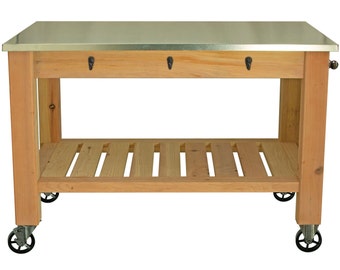 Redwood Garden Potting Table: Rolling Outdoor Work Bench with Zinc Top