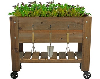 Elevated Redwood Raised Bed Planter Box Mobile with Swivel Casters Containerized Potting Box with Shelf 39in Length X 33in Height X 15in