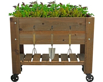 Redwood Raised Garden Bed Planter Box with Shelf & Casters