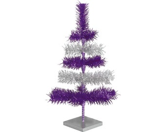 Shiny Purple and Metallic Silver Layered Tinsel Christmas Tree Stand Included