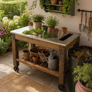 May include: A rustic wooden potting bench with a stainless steel top, featuring a built-in sink. The bench has a lower shelf with a basket, pots, and a watering can. Green plants and gardening tools are arranged on the bench and nearby. The bench is on wheels.