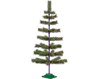 48in Mardi Gras Themed Tinsel Christmas Tree Tabletop Centerpiece Display Green Base Stand Included 4FT Tall