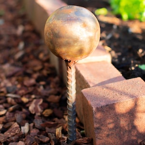 Garden Hose Stake Guides Set of 4 with Spiked Rebar Stakes 3in Diameter Steel Gazing Balls Rusted Patina Finish image 4