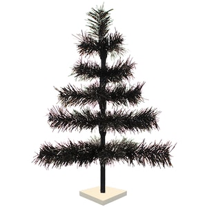 Black Christmas Tree Tabletop Decorative Tinsel Tree White Wooden Tree Base Stand