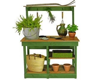 Rustic Gardening Workbench & Outdoor Potting Table, Painted Greenhouse Style Frame with Storage Cabinet and Shelves