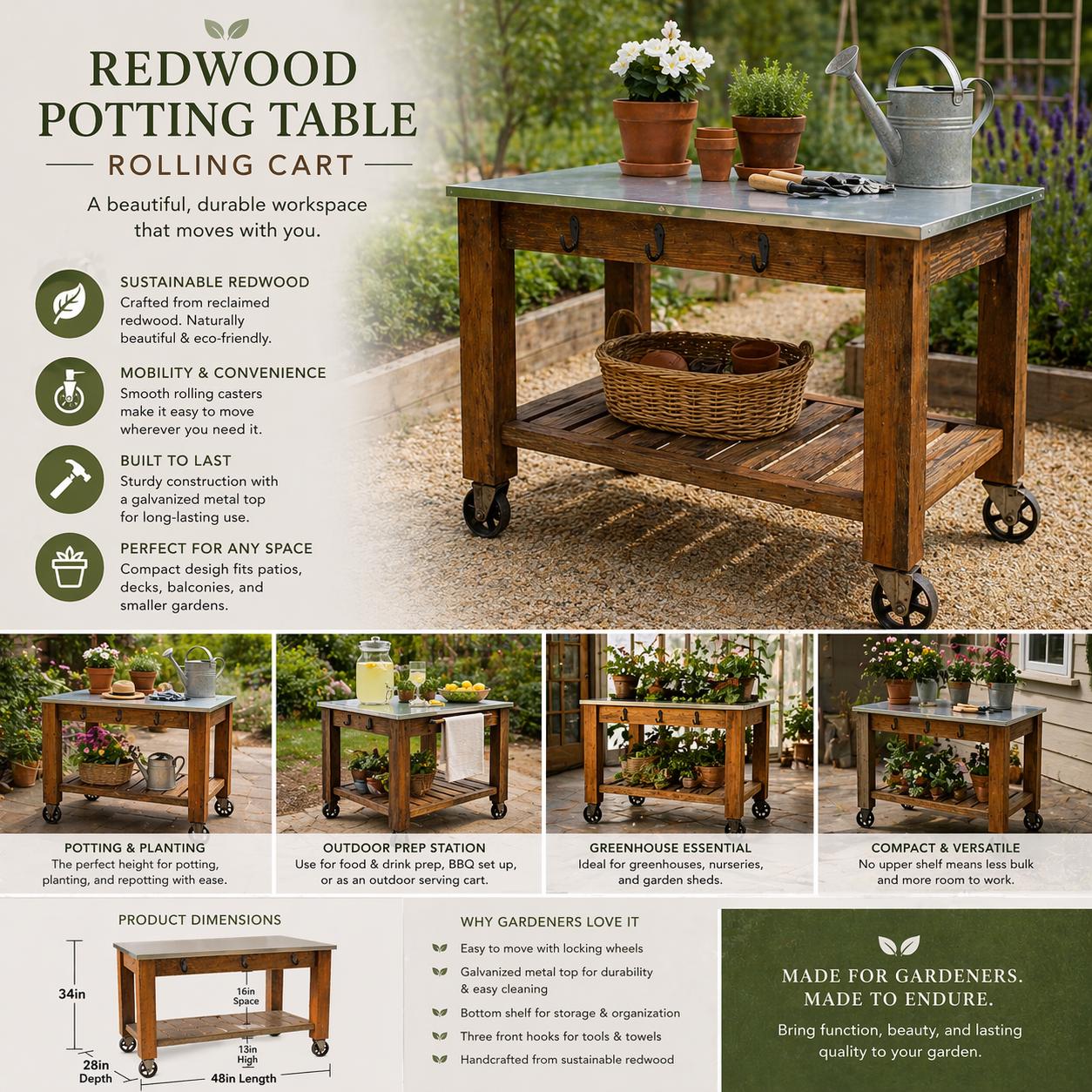 Redwood Potting Table: Rolling Garden Workbench With Zinc Top - Etsy