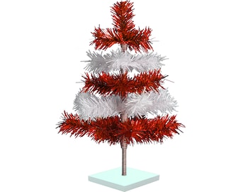Shiny Red and Matte White Candy Cane Layered Tinsel Christmas Tree, Stand Included