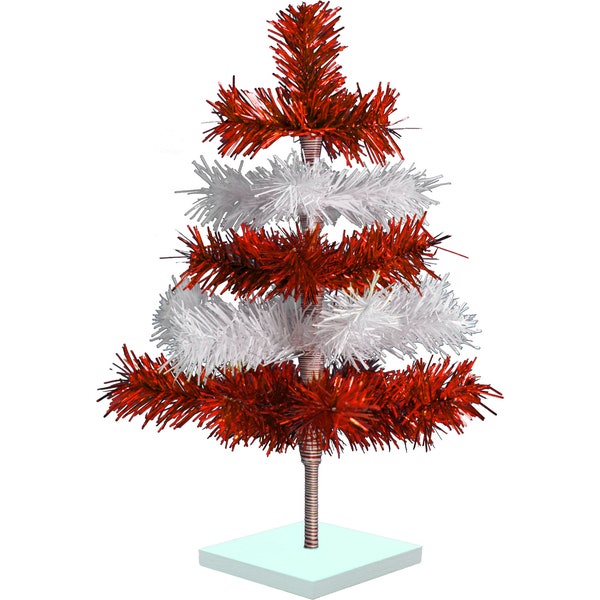 Shiny Red and Matte White Candy Cane Layered Tinsel Christmas Tree, Stand Included