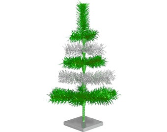 Shiny Green and Metallic Silver Layered Tinsel Christmas Trees with Stand Included