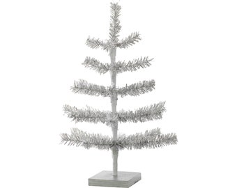 Mini Little Silver Tinsel Christmas Tree with 1in Diameter Thin Branches Small Tabletop Centerpiece and Holiday Decor 18in Tall