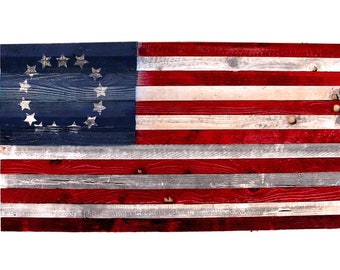 Vintage American Flag Hand Painted Refurbished Wood 19''X36'' 4th of July