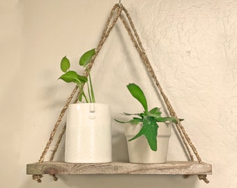 Redwood Rope Hanging Shelf: Rustic Farmhouse Home Decor