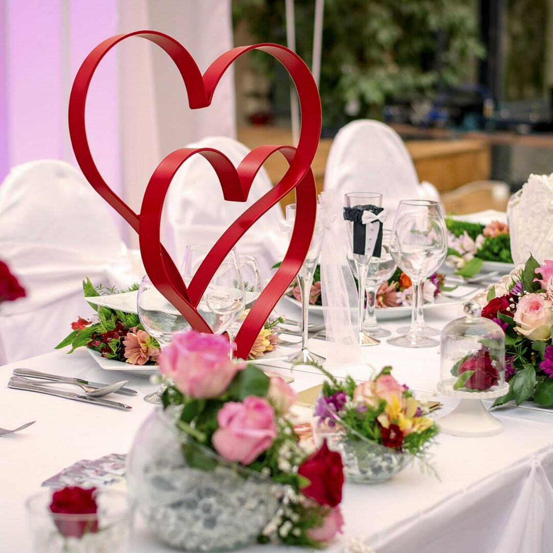 Valentine's Day Double Heart Centerpiece With White Stand 18in Height