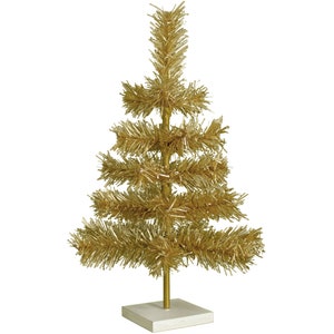 Antique Gold Tinsel Christmas Trees Stand Included Artificial Foldable Branches Vintage Metallic Gold Tinsel Wired Brush White Base